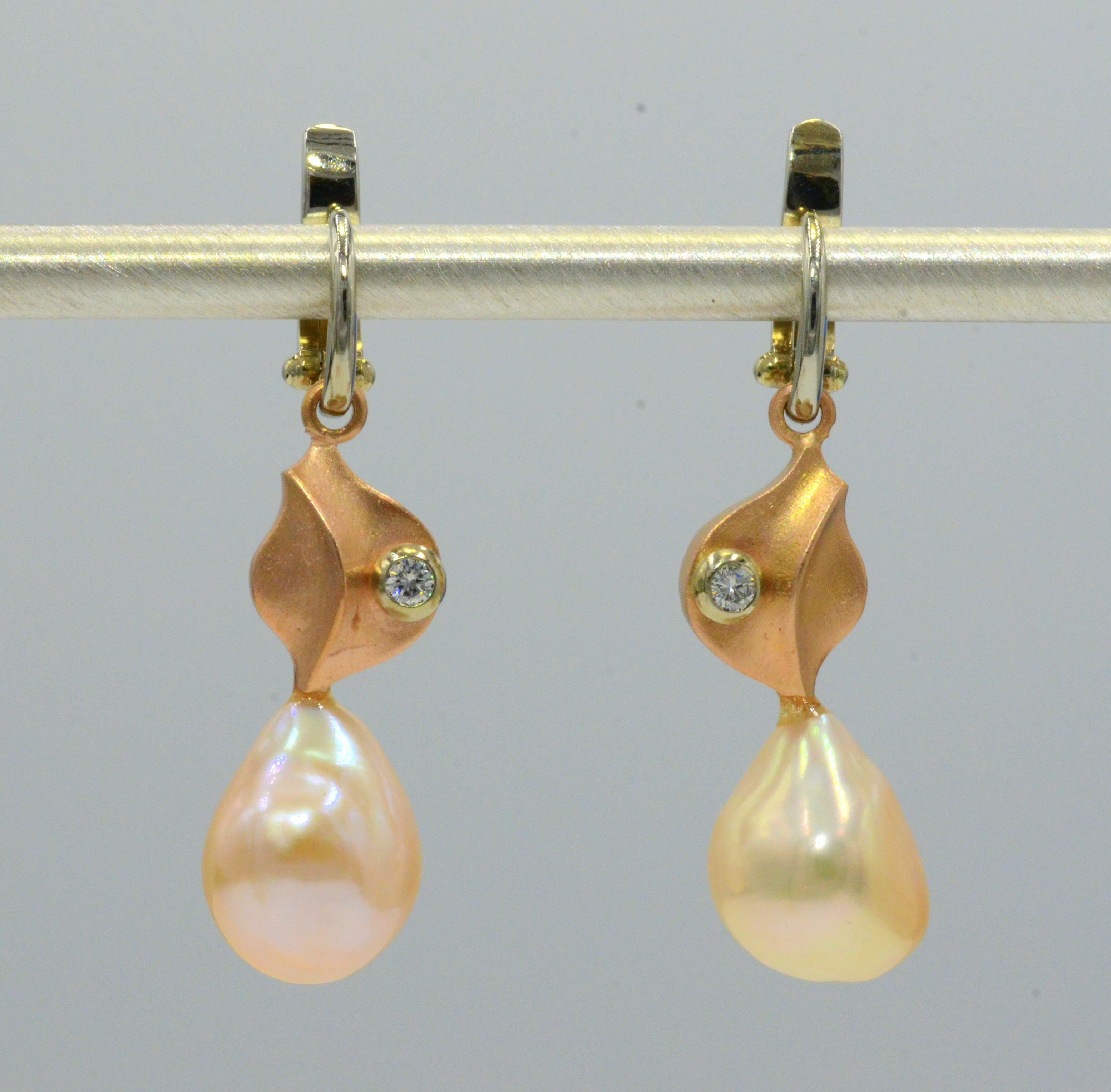 14 karat Rose Gold,Pearl and Diamond Euro Charm Earrings. These earrings are worn with our Euro Wire Earrings which are sold separately. Go to About page for further description of Euro Wire Earrings. 